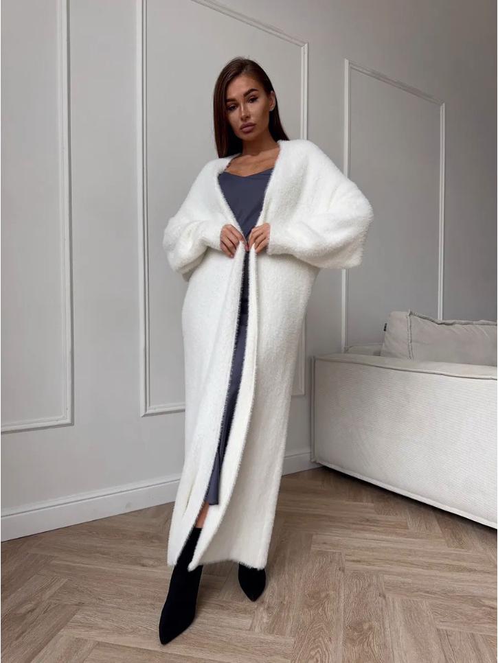 Women's Fluffy Faux Mink Knit Cardigan Coat - White, Autumn/Winter Loose Fit