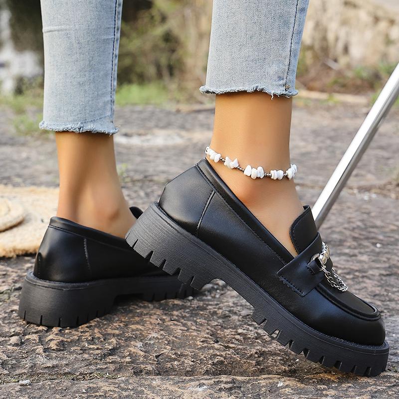 Fashion 2025 Fashion Metal Chain Platform Loafers Women Thick Bottom Pu Leather Shoes Woman Slip On Black Student Shoes Plus Size 35-43