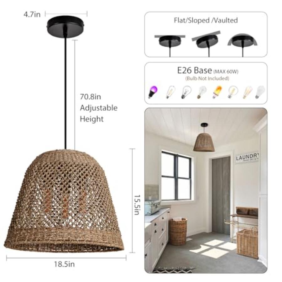 18.5 Rattan Chandelier 3-Light Boho Woven Pendant Light for Kitchen Island in Natural Brown with Rustic Elegance and Warm Ambie