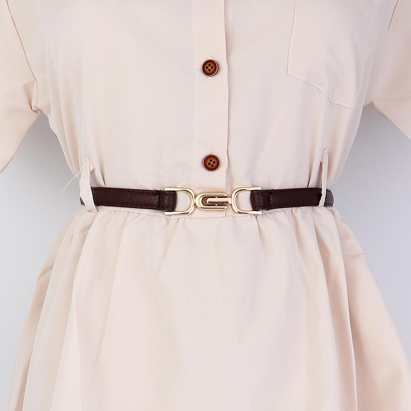 Women's Leather Decorative Buckle Pull-Through Waistband Belt for Skirts and Suits - Punch-Free Design.
