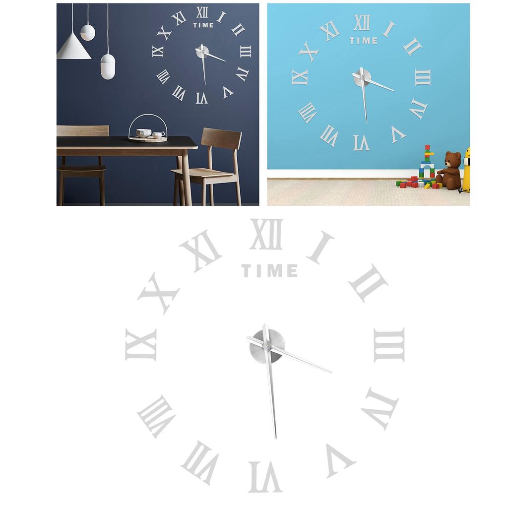 DIY Wall Clock Roman Numerals Frameless Mirror Surface Wall Clock Home Living Room DecorSilver