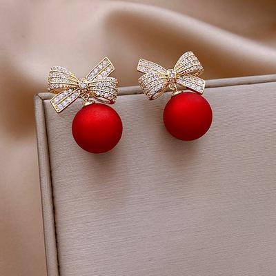 Boucles d'oreilles à tige élégantes en forme de nœud papillon et de perles pour femmes et filles, bijoux de Noël, boucles d'oreilles pendantes en cristal avec boule en forme de cœur, cadeau de fête de Noël
