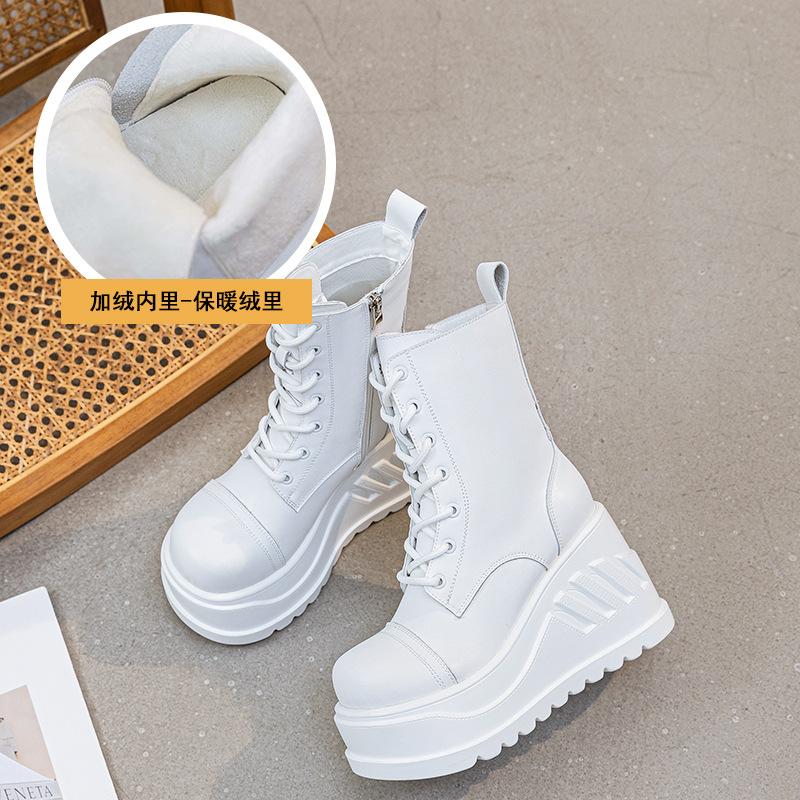 

10СМ Осень и Зима Новые Женские Ботинки Мартин Женские 2025 Наклонный Каблук Женские Короткие Ботинки Боковая Молния Шнуровка Узкие Средние Кожаные Ботинки 33