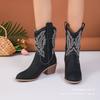 2025 New Western Cowboy Boots Knight Boots Women's Medium Tube Embroidery Retro Pointed Thick Heel Medium Tube Cotton Spot