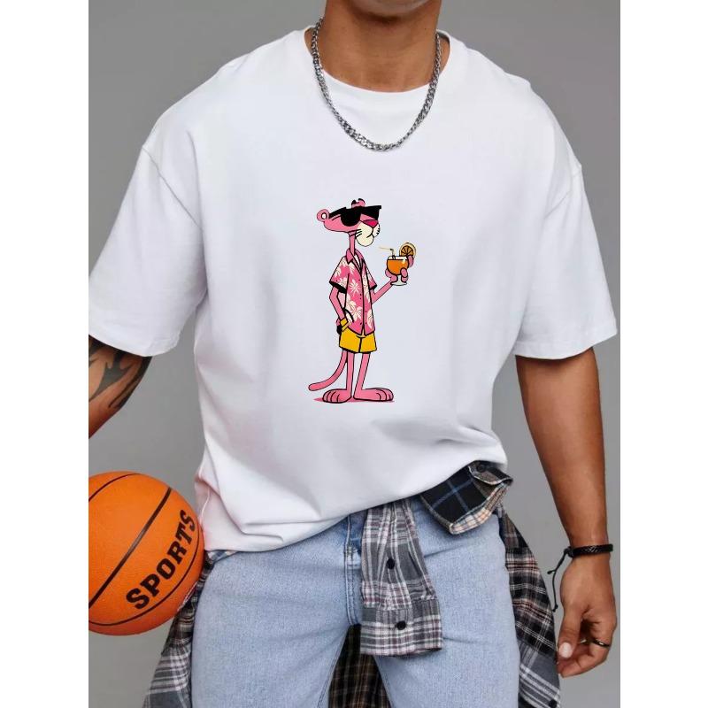 Crewneck T Shirt White Pink Panther Cartoon Character with Cocktail Summer Beach Wear