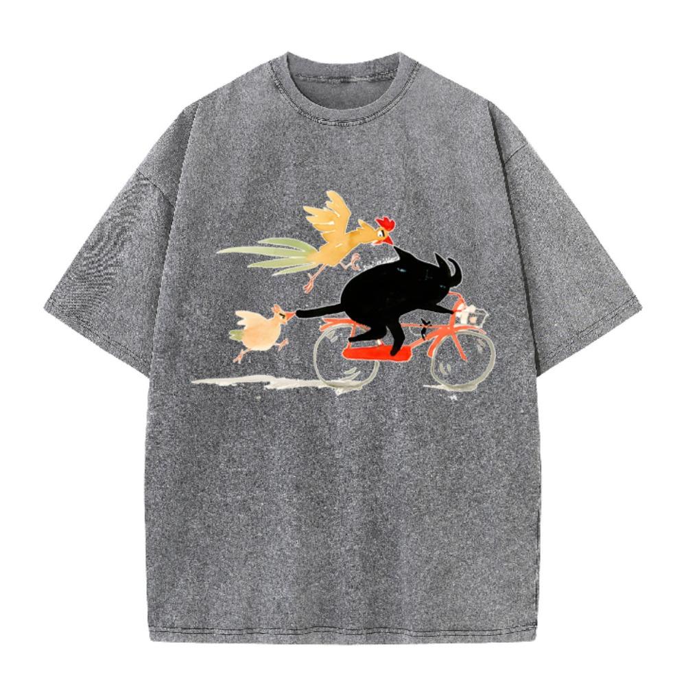 Retro Washed Brown T-shirt Men Funny Animal Graphic Tee Cat Riding Bike Casual Loose Cotton Short Sleeve