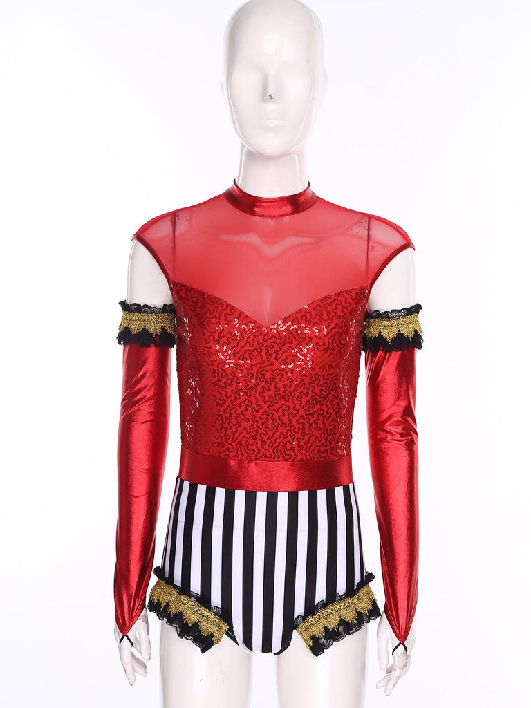 Adult Circus Ringmaster Bodysuit Sequined Patchwork Ruffled Hem Leotard and Metallic Gloves for Halloween Dress Up Party