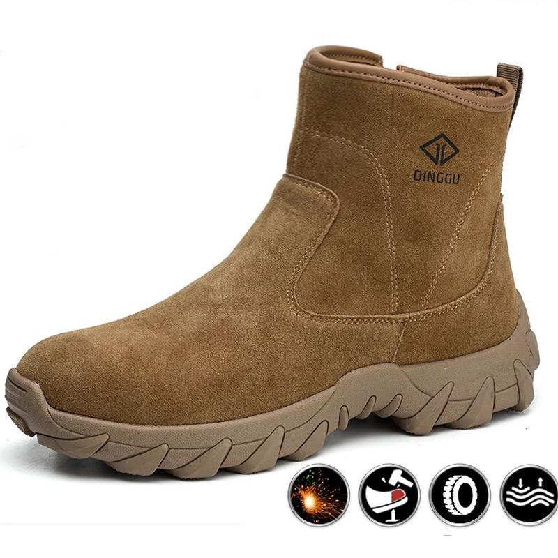 Cowhide Men Work Boots Safety Shoes High-top Side Zipper Safety Boot Anti Scald Welding Shoes Puncture-Proof Security Boots Men