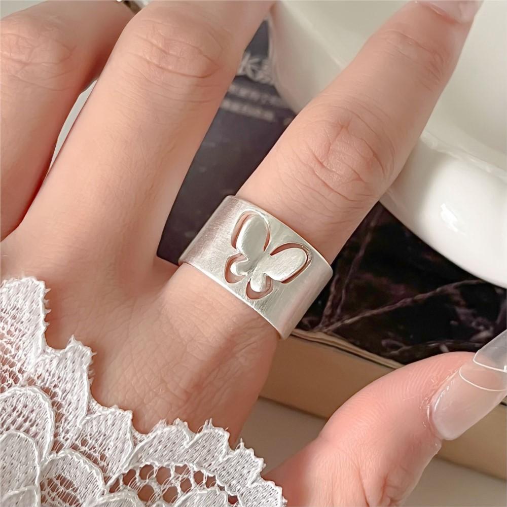 PANJBJ 925 Sterling Silver Butterfly Frosted Wide Rings for Women Couple Minimalist Sweet Jewelry Birthday Gift Wholesale