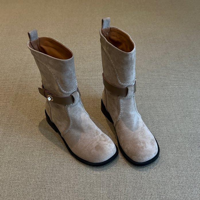 Soft leather texture apricot gentle solid color belt buckle medium tube Martin boots women's versatile suede round head low heel fashion boots
