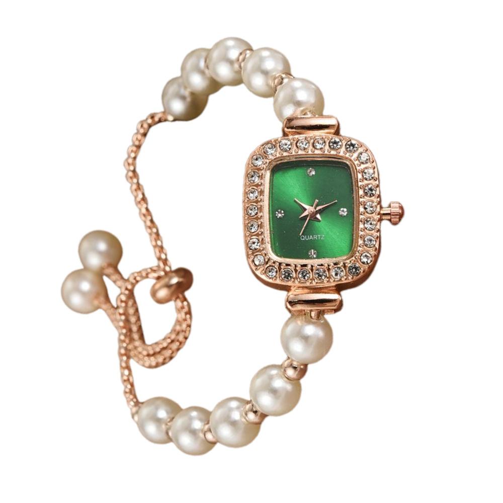 Ceas de Dama Fashion cu Curea de Perle, Diamante, Cadran Pătrat, Brățară cu Ajustare Liberă, Cadou pentru Femei, Ceas Quartz