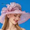 Chapeau de soleil à large bord en organza avec fleurs et plumes, protection UV, matériau translucide, pour femme