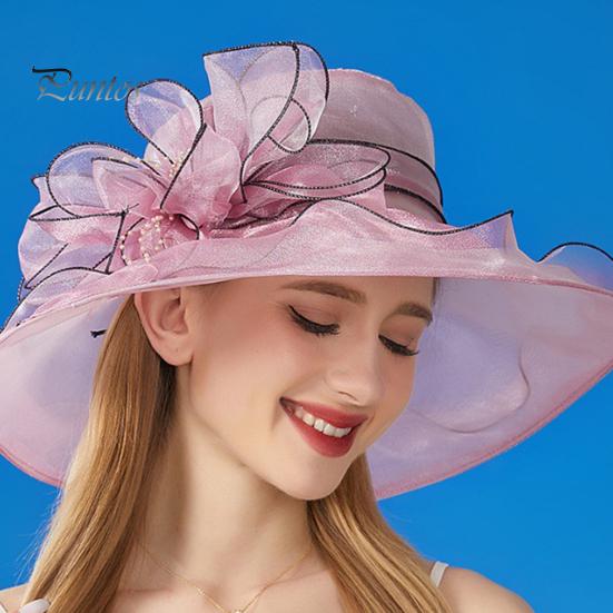 Chapeau de soleil à large bord en organza avec fleurs et plumes, protection UV, matériau translucide, pour femme