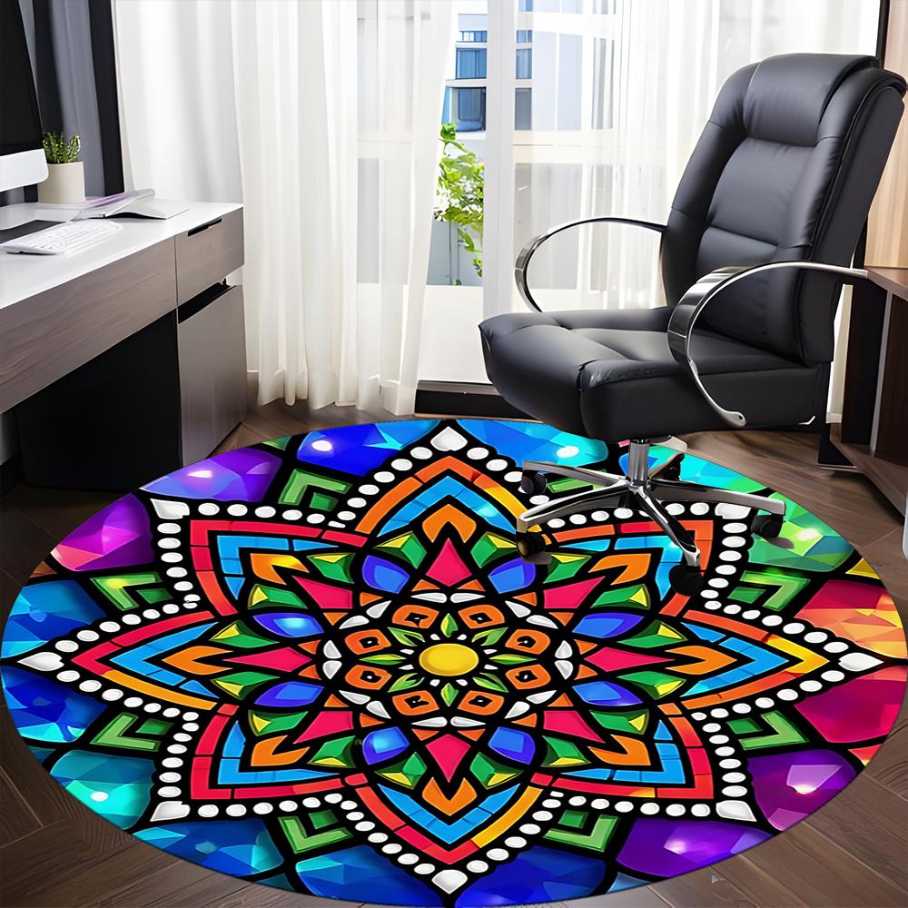 1pc Mandala StainedGlass Office Round Area Rug, Indoor Mat Suitable ForOffice, Under Office Chairs Bedroom Living Room Home Decor, Room Deco q100