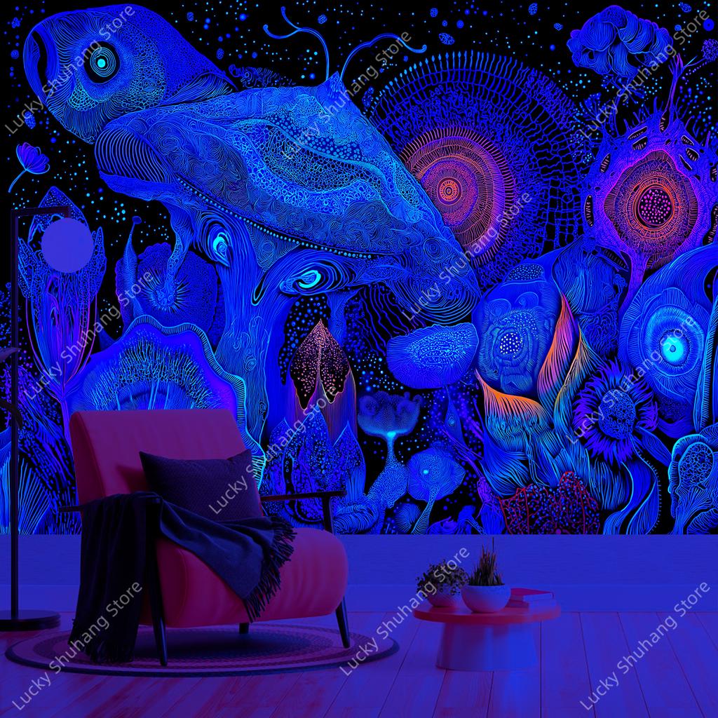 Neon Abstract Wall Tapestry Psychedelic Art Print Black Light Decor For Bedroom Living Room Sci Fi Theme Home Interior Hanging
