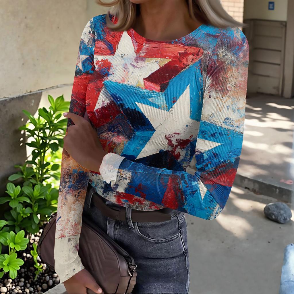 Women's Casual Fashion Round Neck Independence Day Print Long Sleeve Ribbed Top