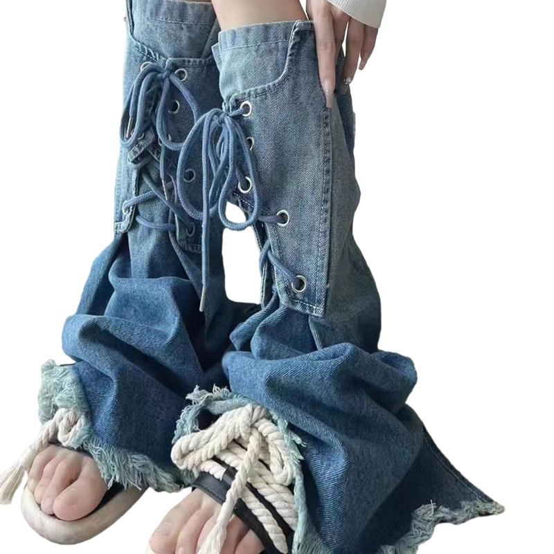 Women Cute Denims Leg Warmers Girls 80s Harajuku Punk Knee High Leg Socks Preppy Stockings Gothic Clothes Y2K Streetwear