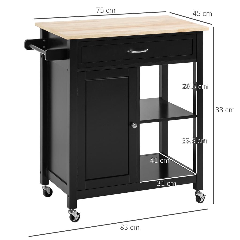 Wooden Kitchen Trolley with Drawer, Cabinet and Wheels, 83x45x88cm, Black