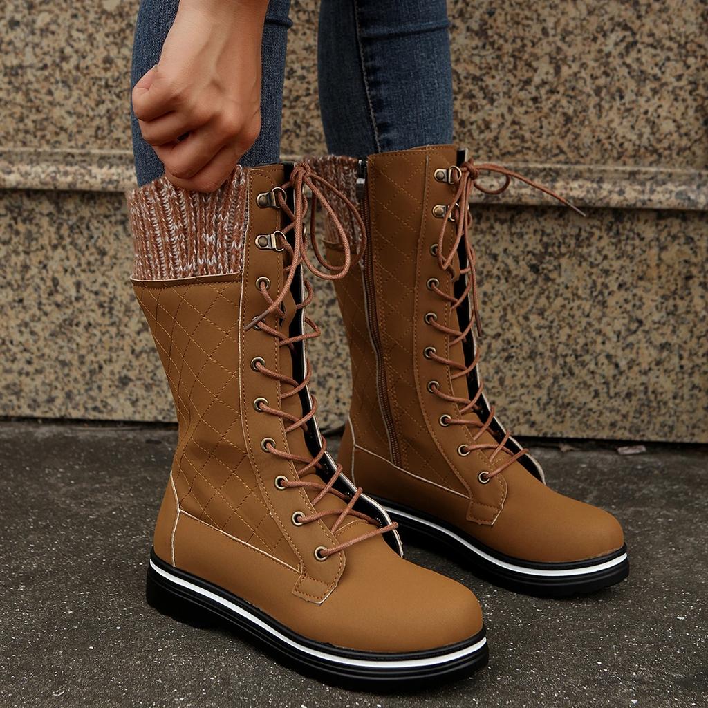 High-quality Winter Warm Boots Women's Winter Side-pull Lace-up Knitted Mid-tube Boots Low-heeled Round-toe Boots Botas De Muje