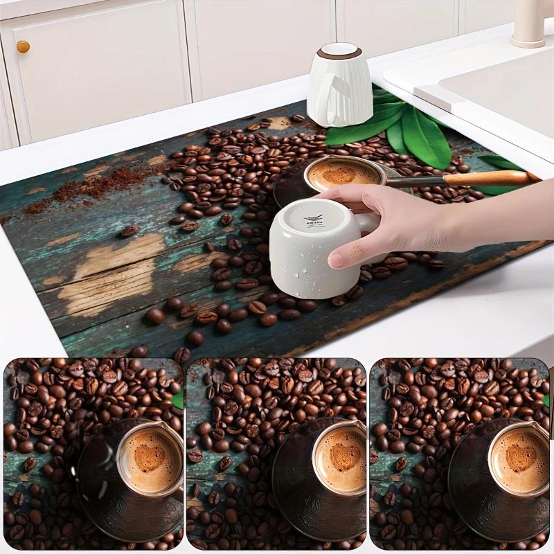 Retro Coffee Patterns Drain Mat Absorbent Rubbermat Kitchen Counter Bar Supplies Hiding Stains Protecting Cutlery Fashion Design