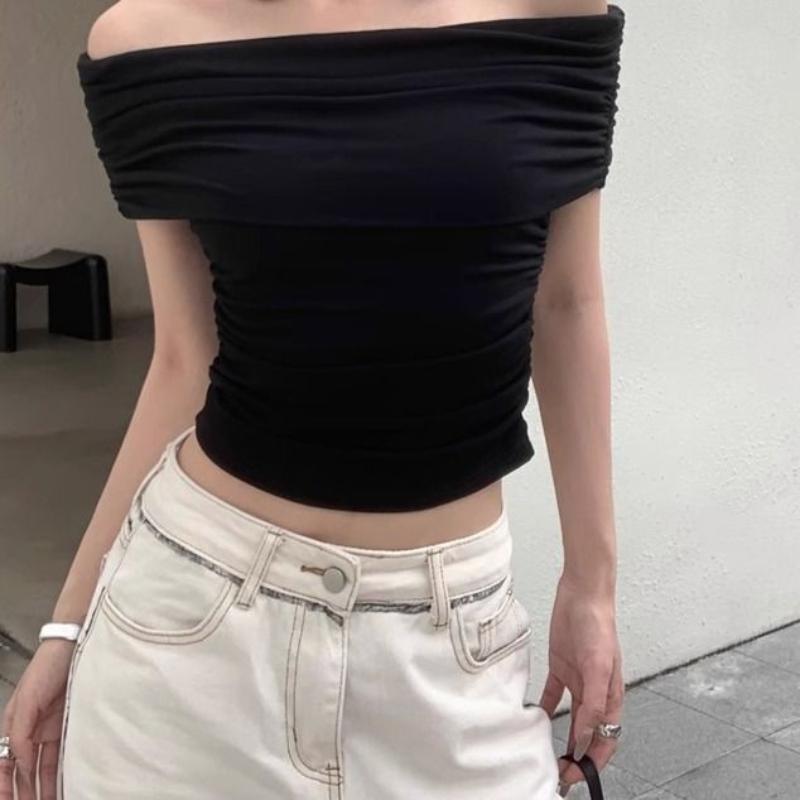 French Off Shoulder Short Sleeved T-shirt Female Summer New Pure Style Slim Elastic Short Blouse Korean Fashion Casual Tops Ins