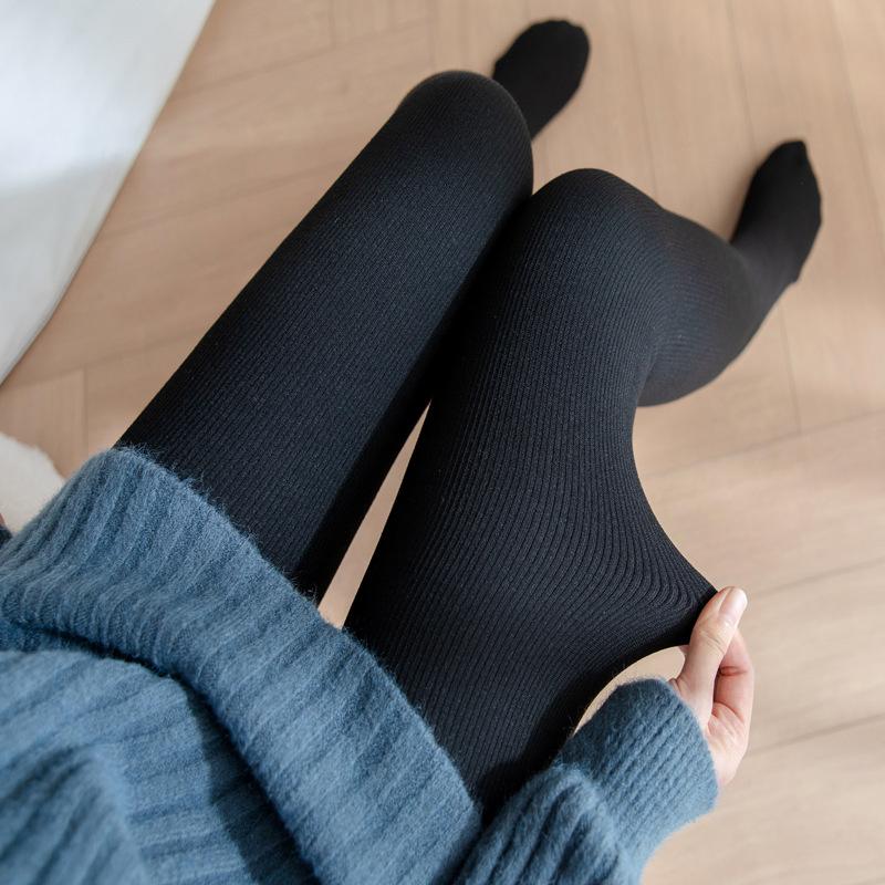 

Женские леггинсы Зимние на флисе Толстые колготки Хлопковые в рубчик Длиной до щиколотки Петля для стопы Черные Для улицы Теплые колготки One Size