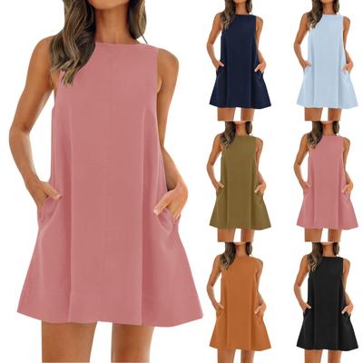 Women's 2024 Summer Sleeveless Tunic Dress Casual Round Neck Backless Sundress With Pockects
