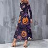 Women Plus Size V Neck Long Sleeve Halloween Printed A Line Midi Dress With Pockets