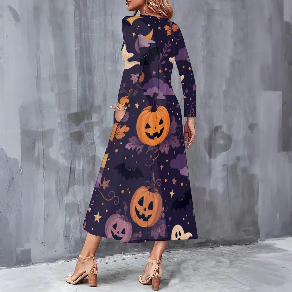 Women Plus Size V Neck Long Sleeve Halloween Printed A Line Midi Dress With Pockets