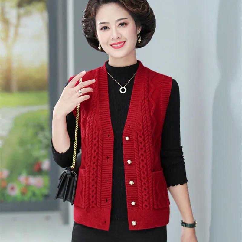 Spring Autumn Women V-Neck Knitted Cardigan Sweater Coat Fashion Solid Grandma Sleeveless Jacket Women Waistcoat