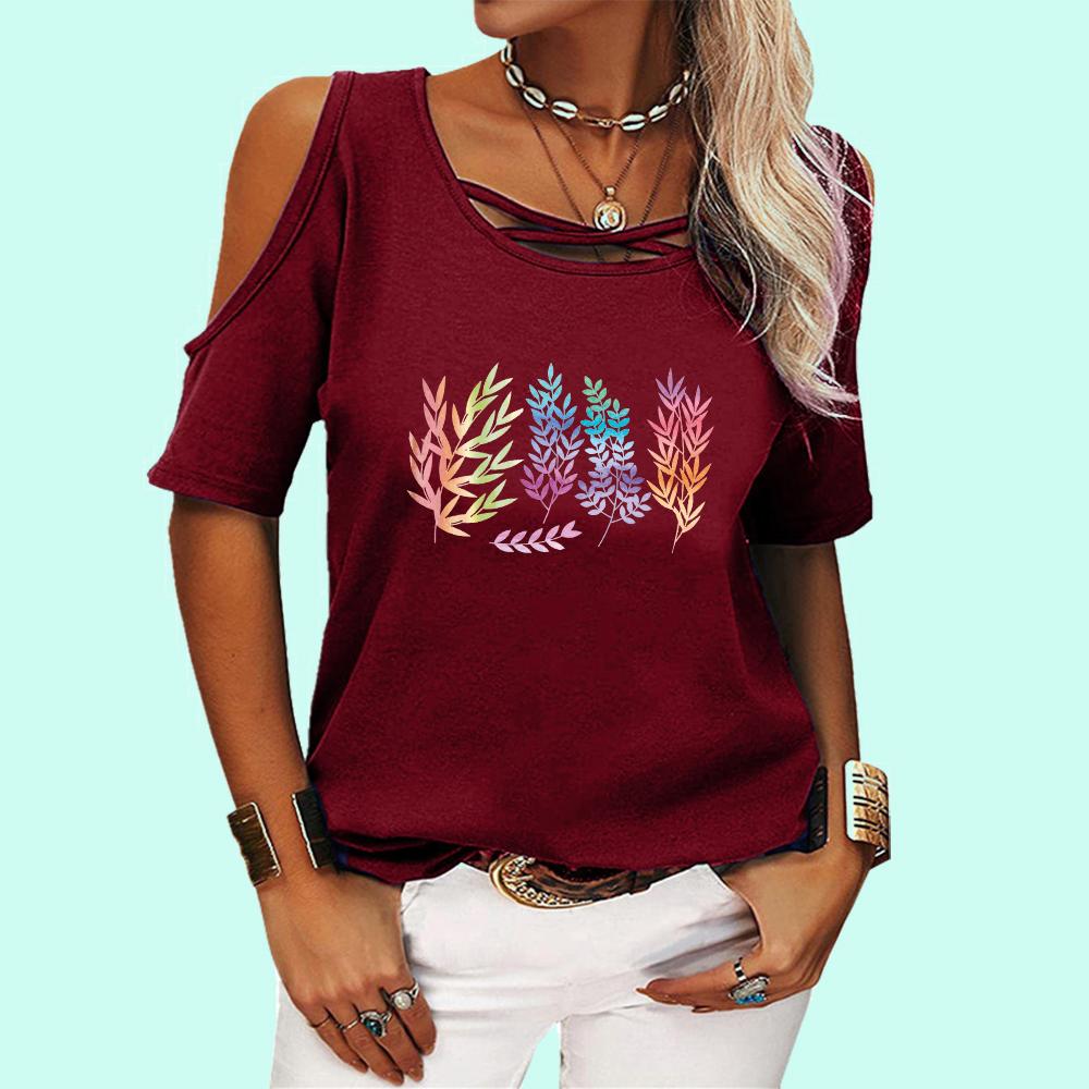 Women Off Shoulder Tee Shirt Fashion Round Neck Floral Print Top Ladies Casual Short Sleeve T-shirt