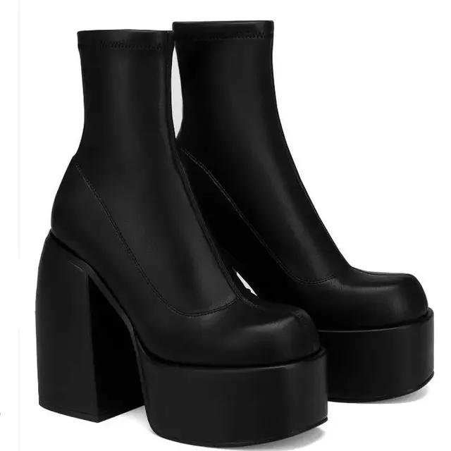 

Fashion Designer Ankle Boots for Women Spring Autumn Brand Woman Heels Platform Chunky Boots Solid PU Women Shoes New Sexy High Heels 36