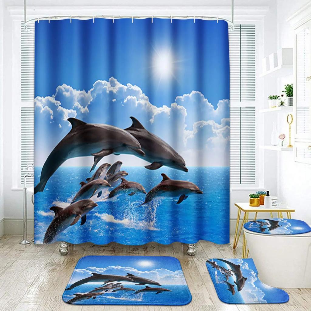 Deep Ocean Dolphin 3D Printing Waterproof Fabric Shower Curtain Set Bathroom Curtains Toilet Cover Mat Non Slip Rug Home Decor
