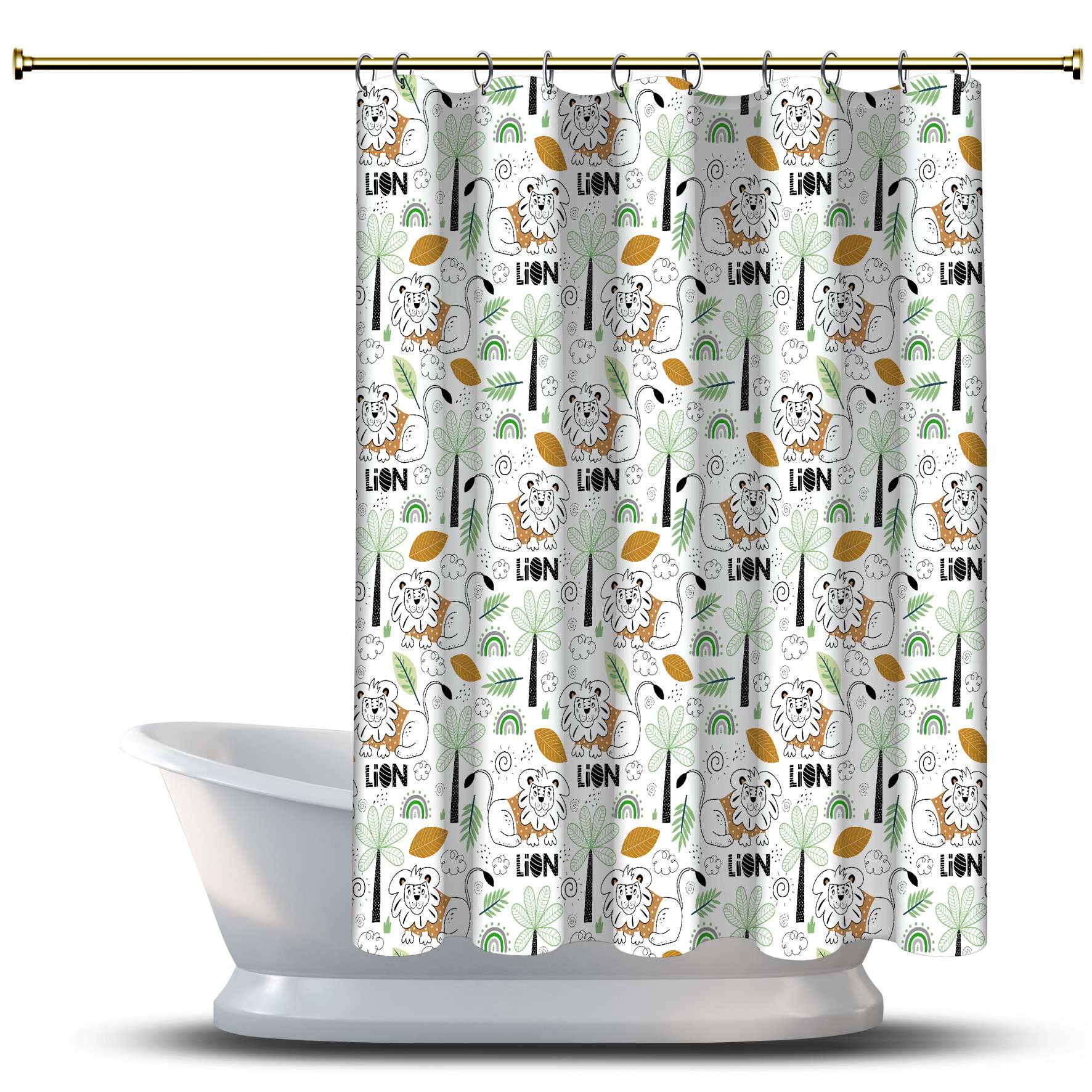 

Занавеска для душа со сказочным детским узором / акварель для украшения вашей ванной комнаты - многомерный зеленый цвет африканской пальмы и льва