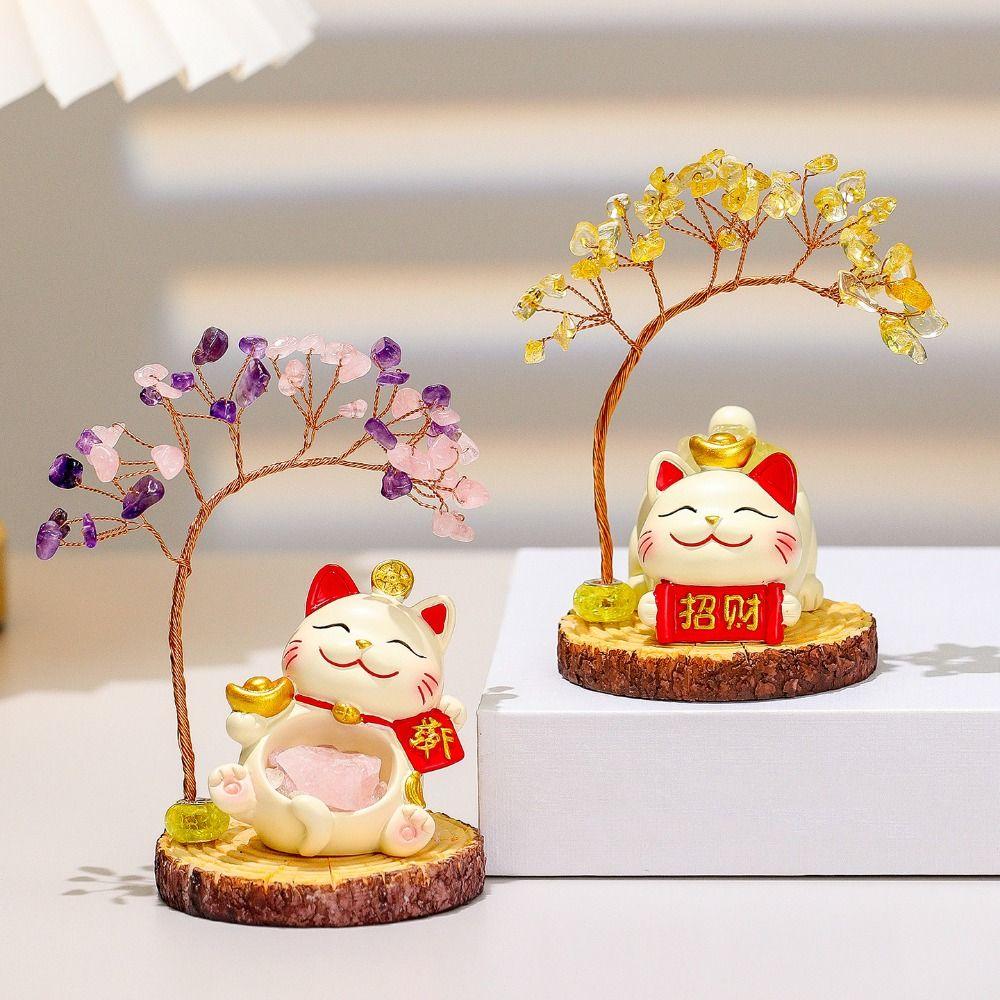 Creative Design Natural Crystal Crystal Tree Colorful Gravel Fortune Cat Fortune Tree Christmas Gifts
