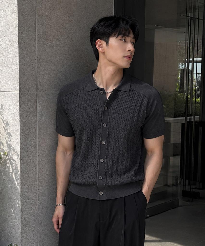 ECORR Front Cable Cropped Short Sleeve Knit Cardigan_Charcoal
