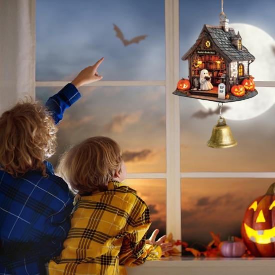 Ghost Reading Book Halloween Ornament 2D Flat Ghost In Reading Nook Hanging Decoration with Bell Window Hanging Wind Chime for Home Decor