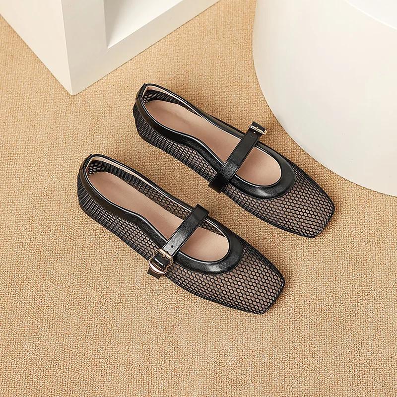 Fashion Women Mesh Ballet Falts Shoes 2025 New Breathable Casual and Comfortable Cut-out Mary Jane Single Shoes Summer Fishnet Shoes