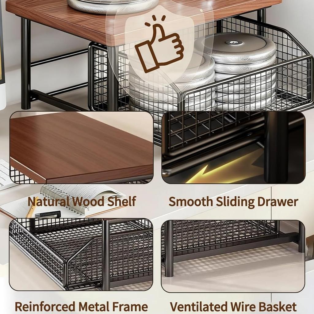 2 Tier Space Saving Kitchen Countertop Organizer with Drawer and Wire Basket with Sliding Storage Shelf