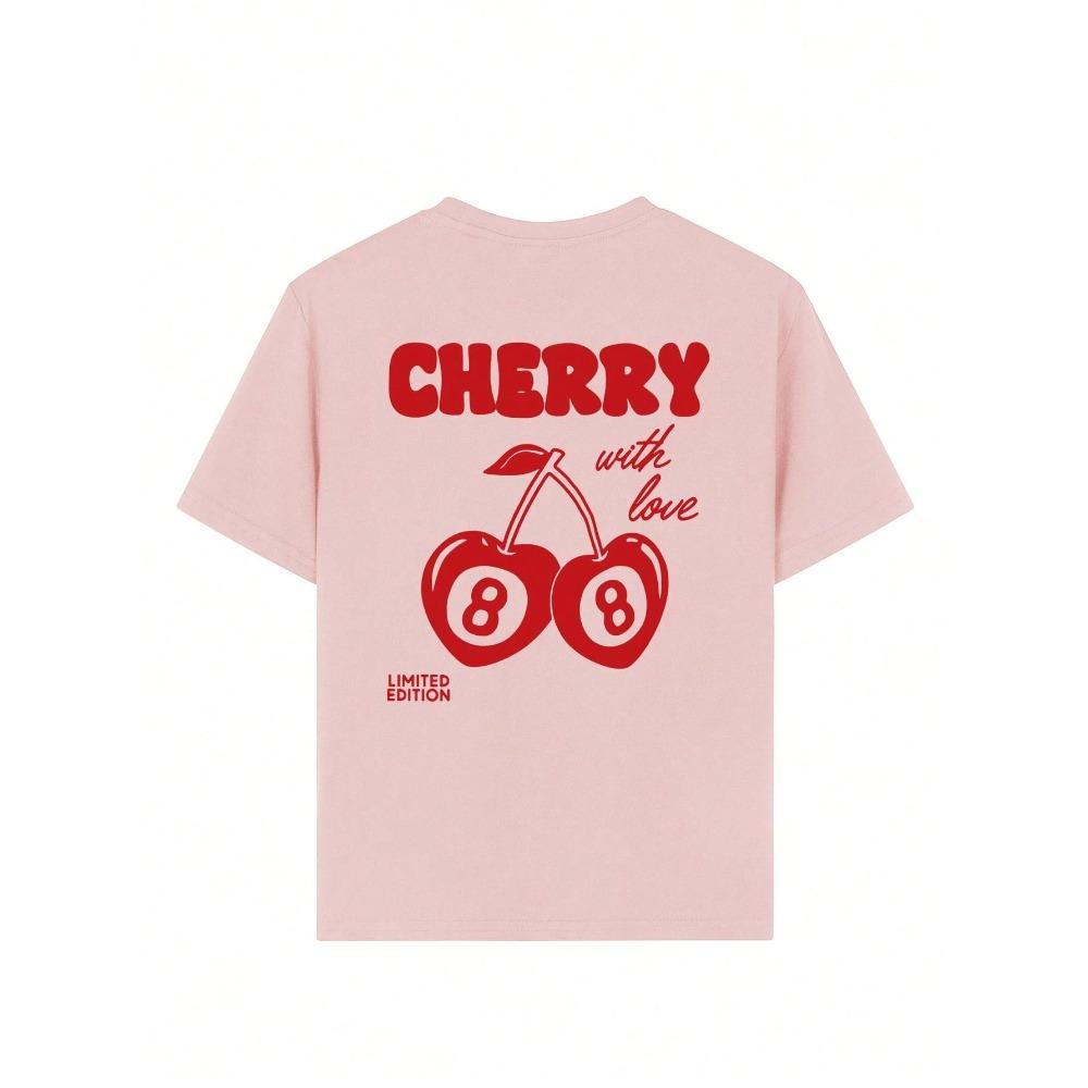 

Cherry and Number 8 Letter Print Round Neck T-shirt Girls Summer Casual Match Breathable Short-sleeved Top Aesthetic Clothes M