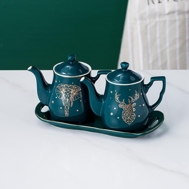 

Nordic Emerald Ceramic Oil Bottle Set Creative Gold-painted Elk Vinegar Pot Home Restaurant Cooking Tools Kitchen Supplies