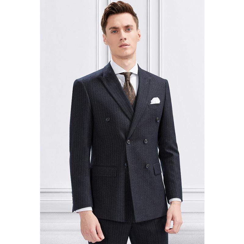 Men's Slim Fit Double-Breasted Gray Striped Suit - British Style Business Casual/Formal Tuxedo for Groom or Wedding.