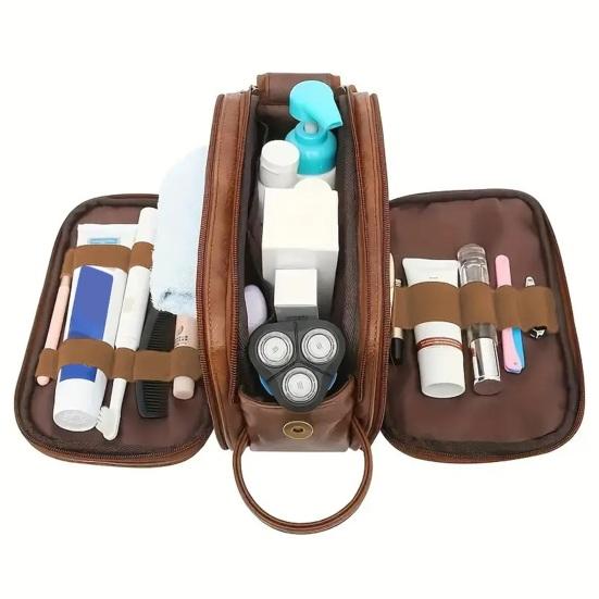 Faux Leather Toiletry Bag Large Water-resistant Bathroom Shaving Pouch Travel Grooming Organizer for Men Women