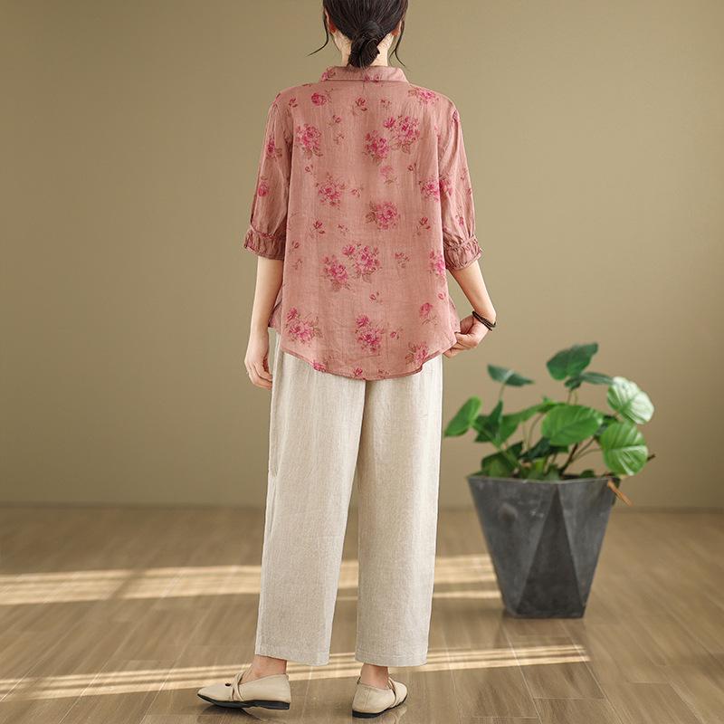 2025 Korean Style Plus Size Slimming Retro Shirt & Casual Cotton-Linen Pants Set for Women