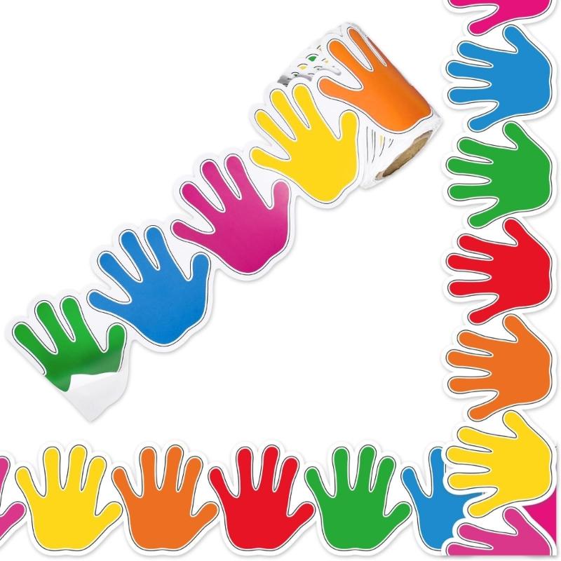 

Colorful Handprint Adhesive Sticker Decorative Bulletin Board Borders Trims for Classroom Bulletin Board Chalkboard Wall 10m meters