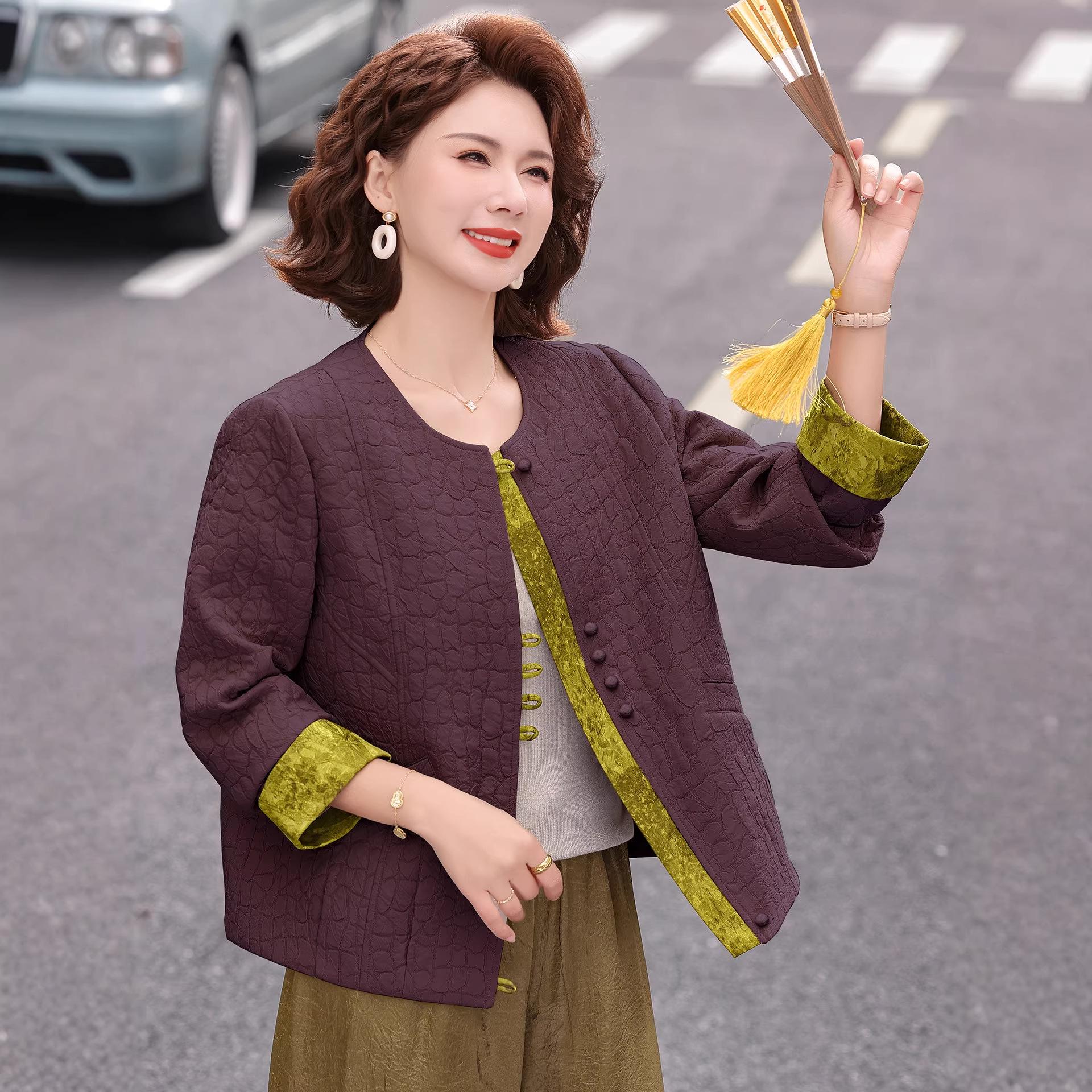 

Mom s Spring Short Jacket - New Style Round Neck Casual Top for Middle-Aged & Elderly Women L (90-110 jin)