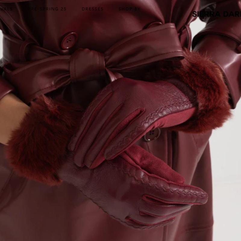 PU Leather and Suede Gloves for Women Winter Fleece-lined Thickened Fashionable Warm Gloves for Cycling