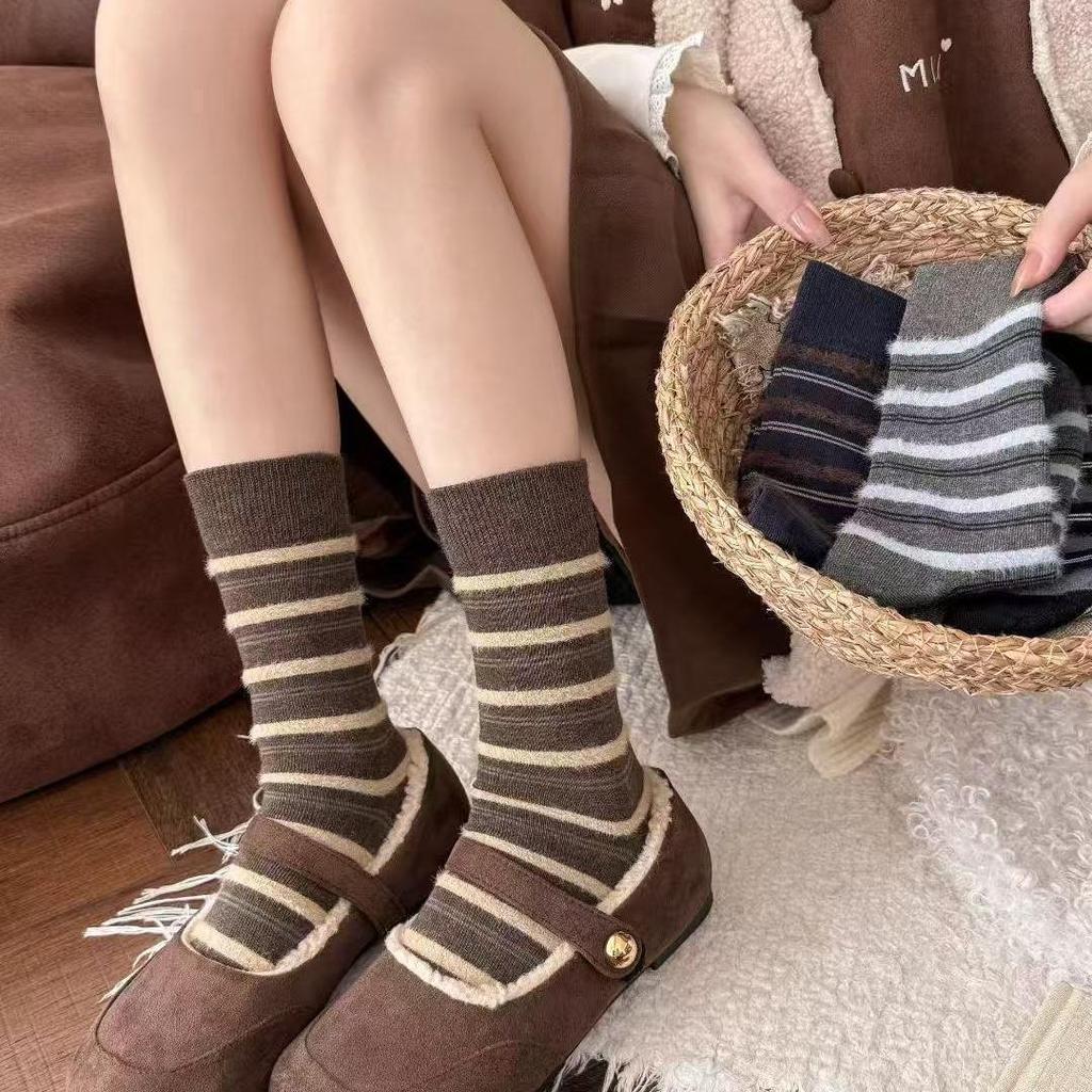 Hairy Contrasting Color Sweet Tube Socks Colorful Retro Striped Socks Personalized Splicing Socks Fashion