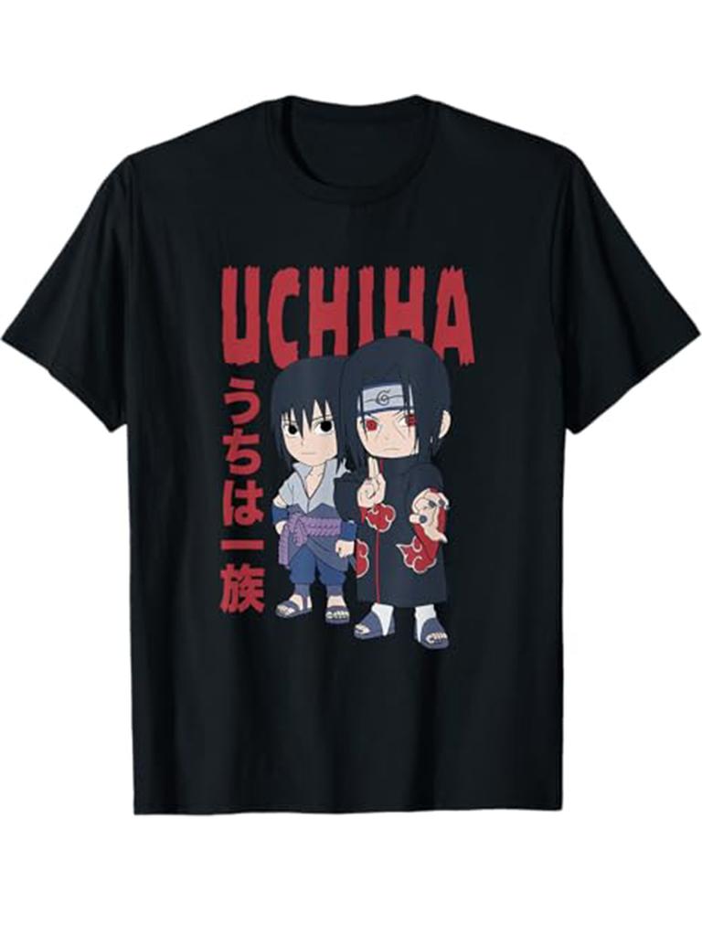 Naruto Uchiha Brothers Q Style Tshirt for Men with Anime Pattern Printed Short Sleeve Fashion High Quality Trendy Cotton Top