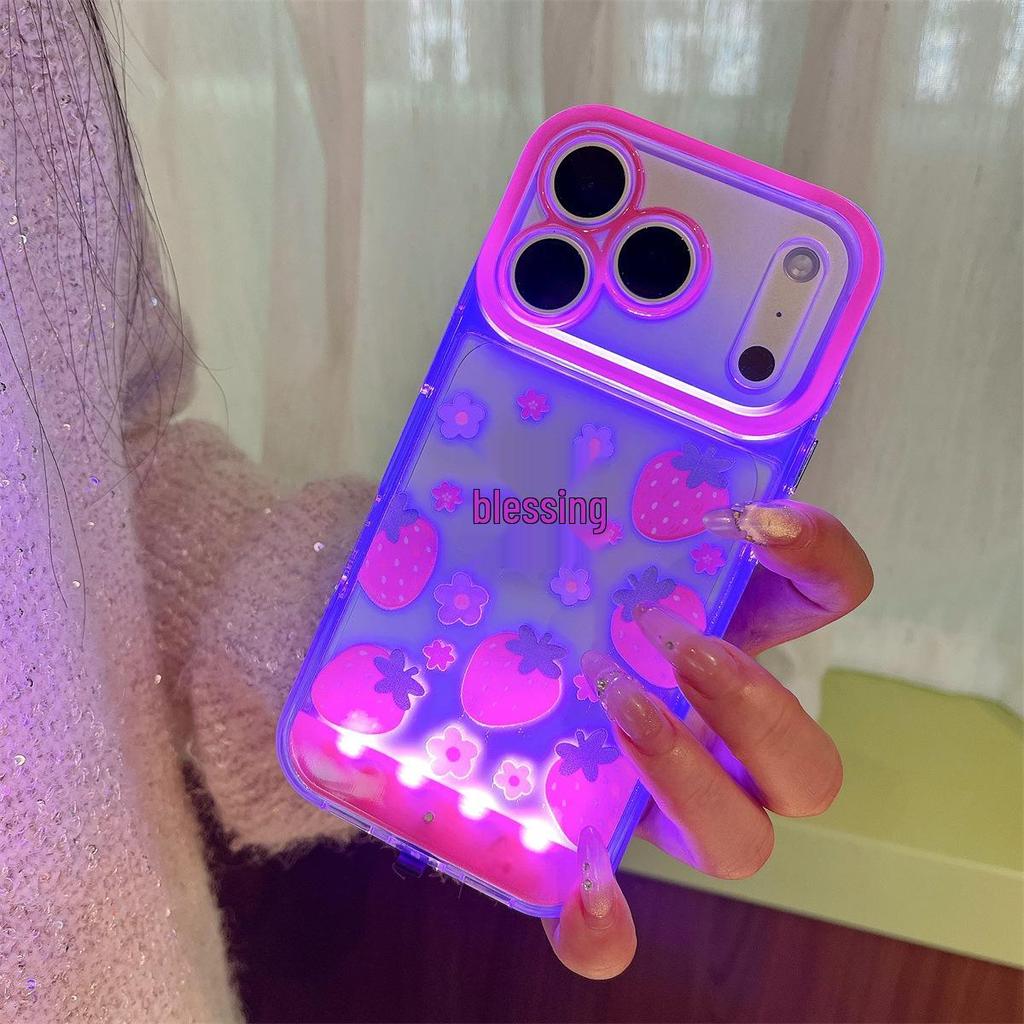 Strawberry Clover Flashing Phone Case for iPhone 14/13/12/11/15/16/17 PROMAX
